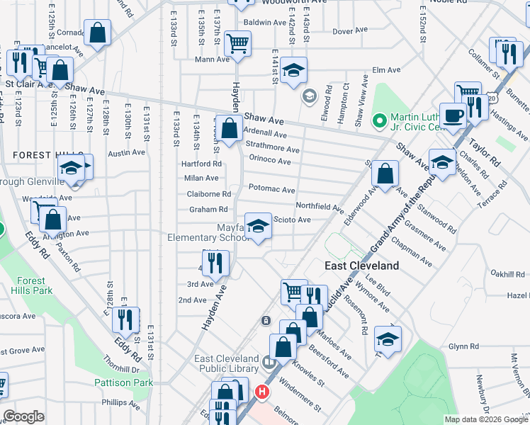 map of restaurants, bars, coffee shops, grocery stores, and more near 14000 Scioto Avenue in East Cleveland