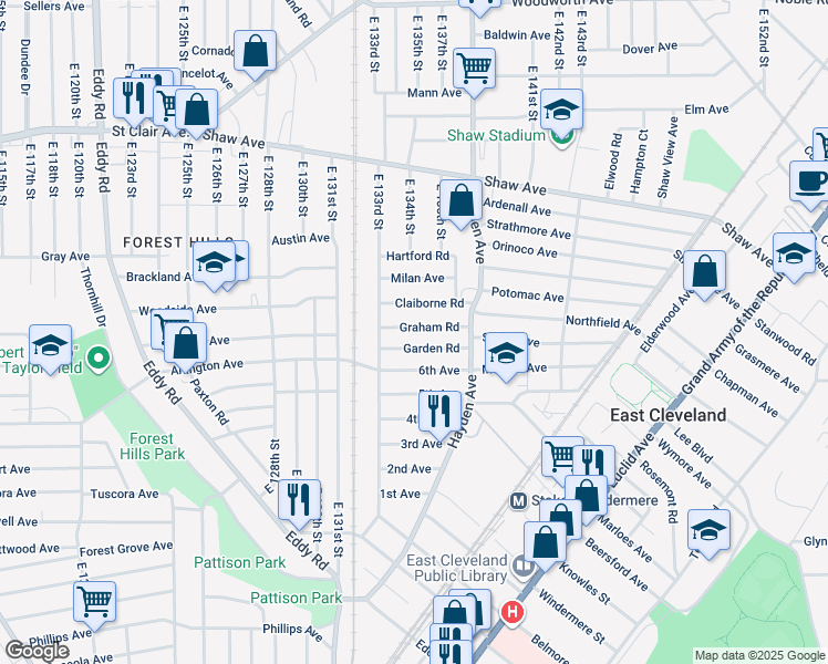 map of restaurants, bars, coffee shops, grocery stores, and more near 13316 Garden Road in East Cleveland