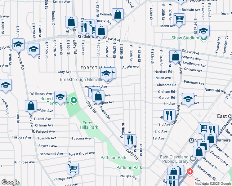 map of restaurants, bars, coffee shops, grocery stores, and more near 12626 Edmonton Avenue in Cleveland