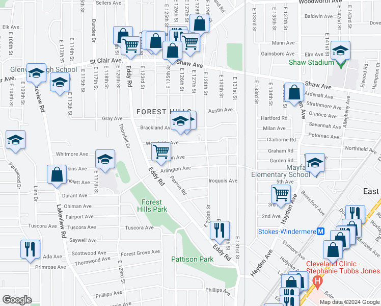 map of restaurants, bars, coffee shops, grocery stores, and more near 12626 Edmonton Avenue in Cleveland