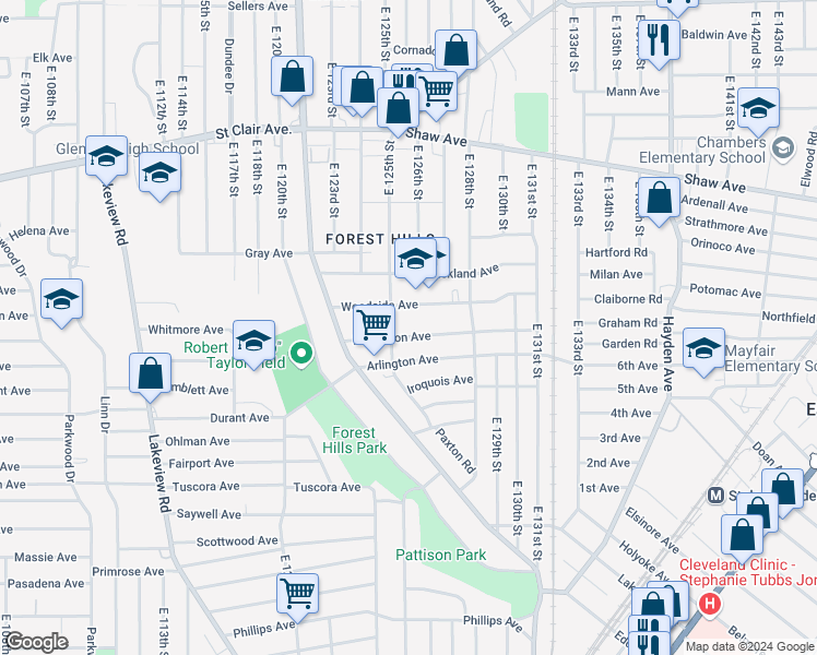 map of restaurants, bars, coffee shops, grocery stores, and more near 12514 Edmonton Avenue in Cleveland