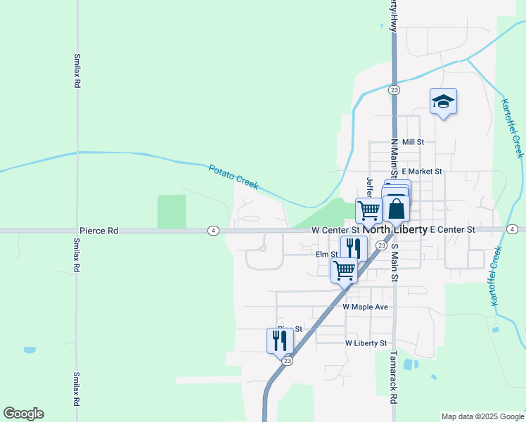 map of restaurants, bars, coffee shops, grocery stores, and more near 905 West Center Street in North Liberty