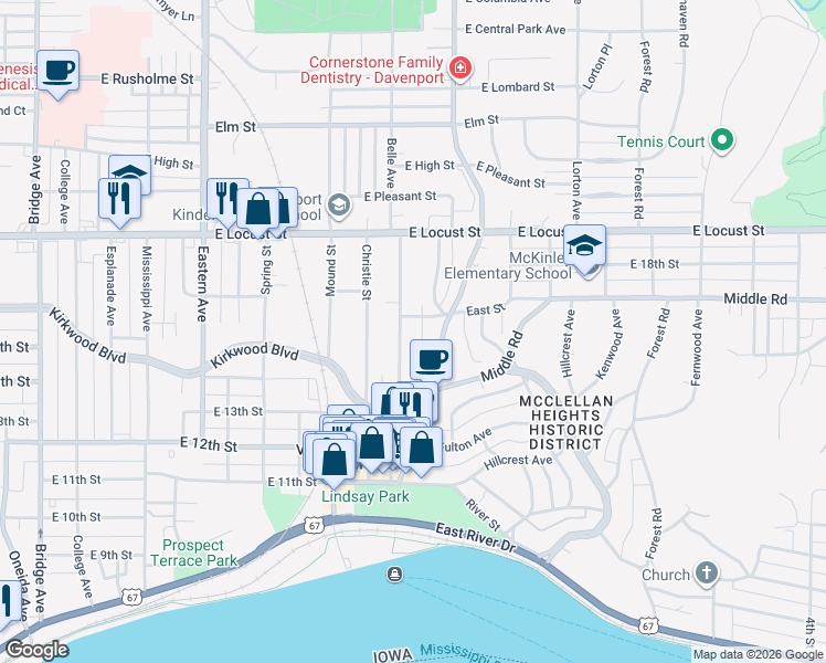 map of restaurants, bars, coffee shops, grocery stores, and more near 1440 Jersey Ridge Road in Davenport