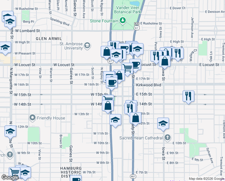 map of restaurants, bars, coffee shops, grocery stores, and more near 1420 North Harrison Street in Davenport