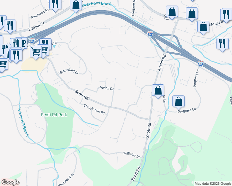 map of restaurants, bars, coffee shops, grocery stores, and more near 40 Hartley Drive in Waterbury