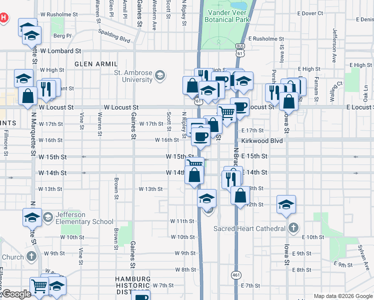 map of restaurants, bars, coffee shops, grocery stores, and more near 410 West 15th Street in Davenport