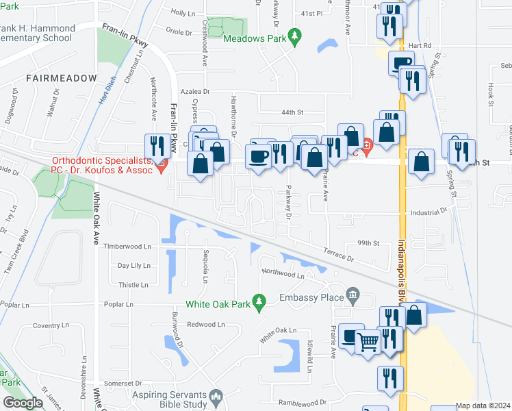 map of restaurants, bars, coffee shops, grocery stores, and more near 9814 Wildwood Court in Highland