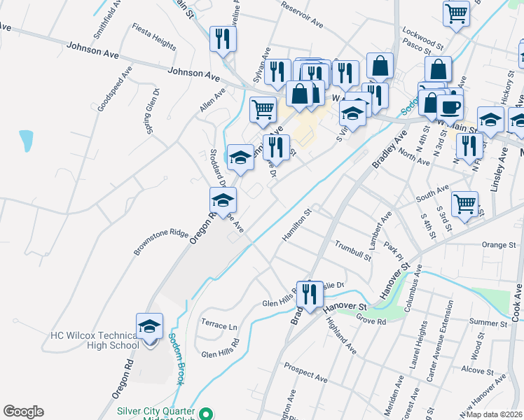 map of restaurants, bars, coffee shops, grocery stores, and more near 29 Peacock Drive in Meriden