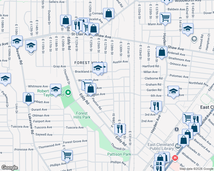 map of restaurants, bars, coffee shops, grocery stores, and more near 12626 Edmonton Avenue in Cleveland