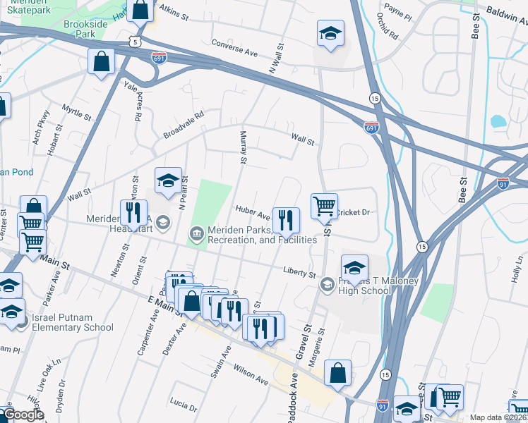 map of restaurants, bars, coffee shops, grocery stores, and more near 52 Huber Avenue in Meriden