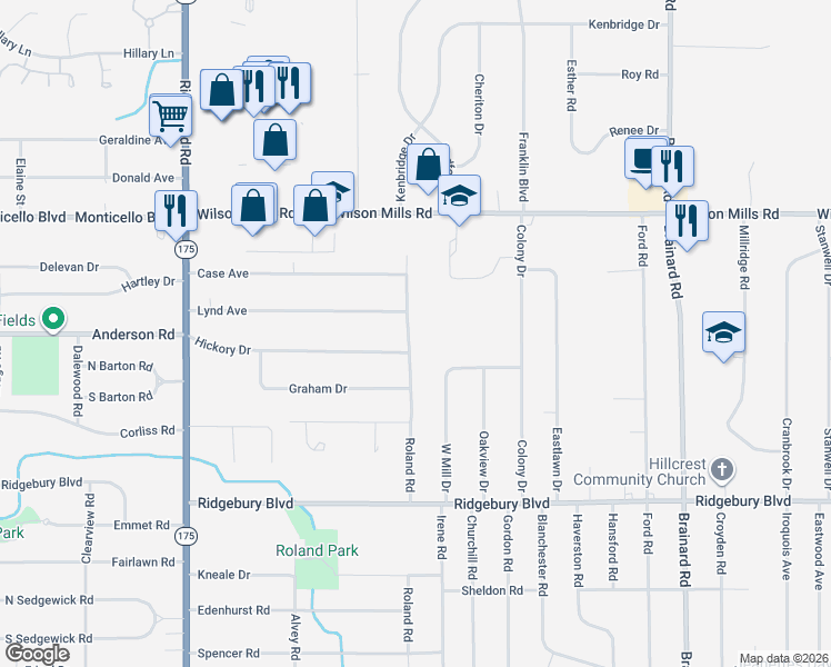 map of restaurants, bars, coffee shops, grocery stores, and more near 5291 Hickory Drive in Lyndhurst