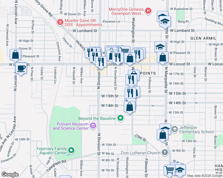 map of restaurants, bars, coffee shops, grocery stores, and more near 1626 West 15th Street in Davenport