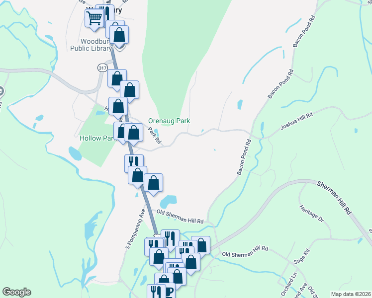 map of restaurants, bars, coffee shops, grocery stores, and more near 68 Park Road in Woodbury