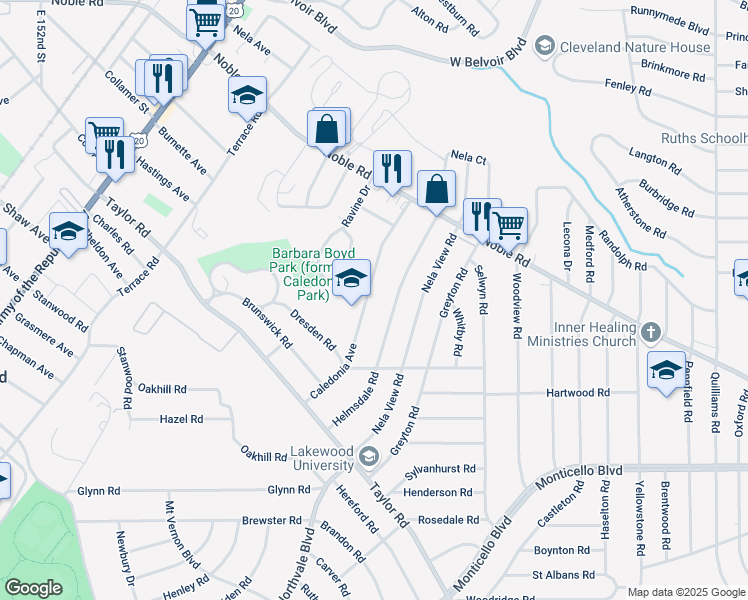 map of restaurants, bars, coffee shops, grocery stores, and more near 911 Caledonia Avenue in Cleveland Heights