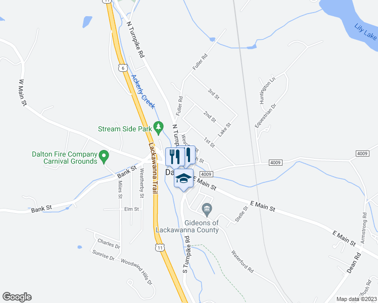 map of restaurants, bars, coffee shops, grocery stores, and more near 107 Church Street in Dalton