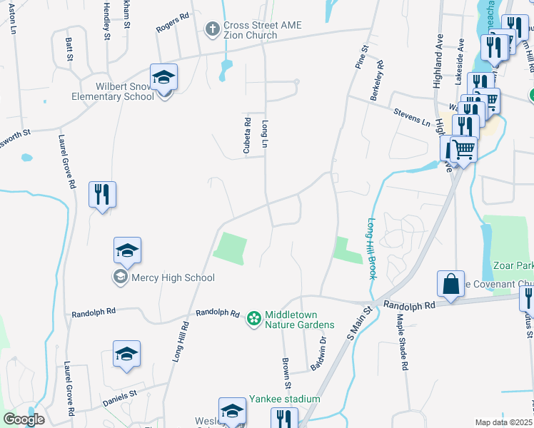 map of restaurants, bars, coffee shops, grocery stores, and more near 170 Long Hill Road in Middletown