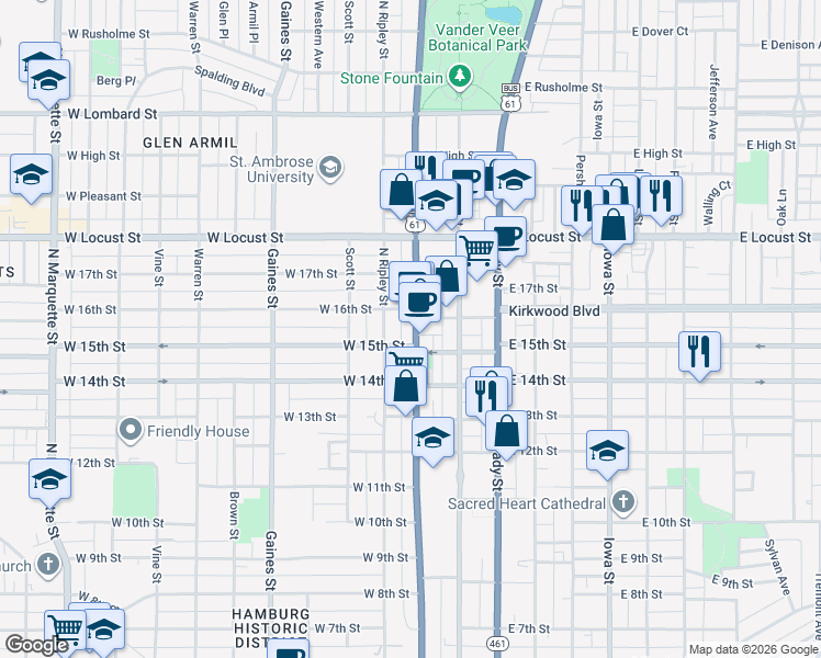 map of restaurants, bars, coffee shops, grocery stores, and more near 1514 North Harrison Street in Davenport