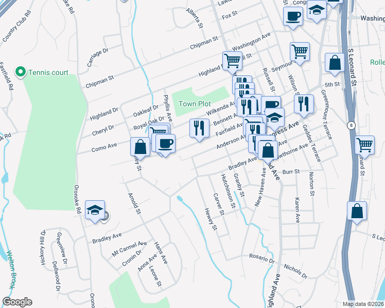 map of restaurants, bars, coffee shops, grocery stores, and more near 5 Clifford Street in Waterbury