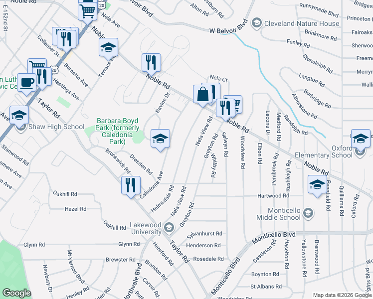 map of restaurants, bars, coffee shops, grocery stores, and more near 924 Nela View Road in Cleveland Heights