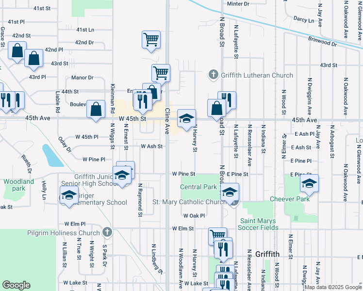 map of restaurants, bars, coffee shops, grocery stores, and more near 803 North Cline Avenue in Griffith