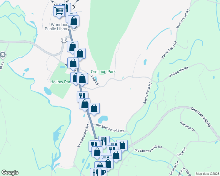 map of restaurants, bars, coffee shops, grocery stores, and more near 66 Park Road in Woodbury