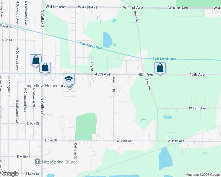 map of restaurants, bars, coffee shops, grocery stores, and more near 4612 Ralston Place in Griffith