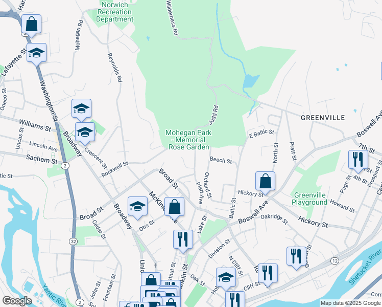 map of restaurants, bars, coffee shops, grocery stores, and more near 115 Platt Avenue in Norwich