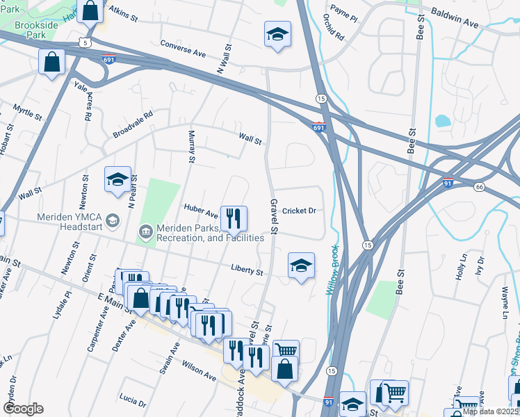 map of restaurants, bars, coffee shops, grocery stores, and more near 242 Gravel Street in Meriden
