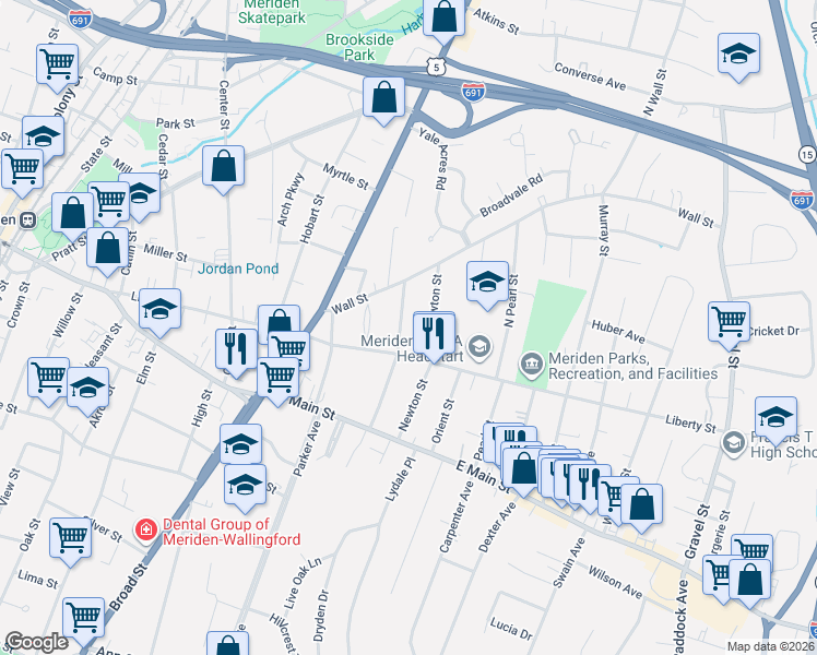 map of restaurants, bars, coffee shops, grocery stores, and more near 106 Newton Street in Meriden