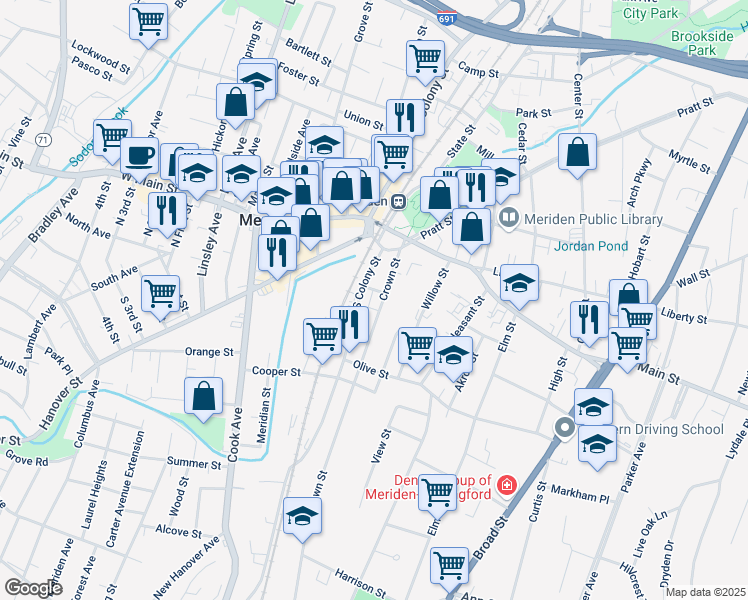 map of restaurants, bars, coffee shops, grocery stores, and more near 99 Crown Street in Meriden
