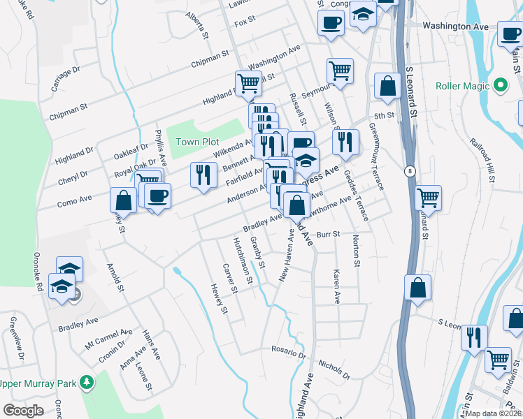 map of restaurants, bars, coffee shops, grocery stores, and more near 37 Bradley Avenue in Waterbury