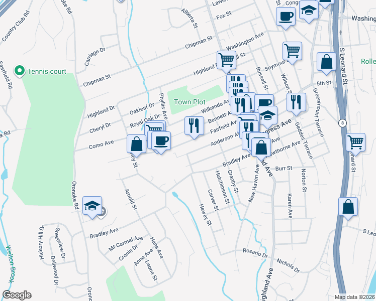 map of restaurants, bars, coffee shops, grocery stores, and more near 5 Clifford Street in Waterbury