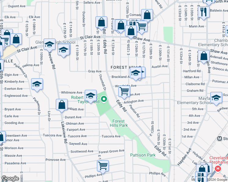 map of restaurants, bars, coffee shops, grocery stores, and more near in Cleveland