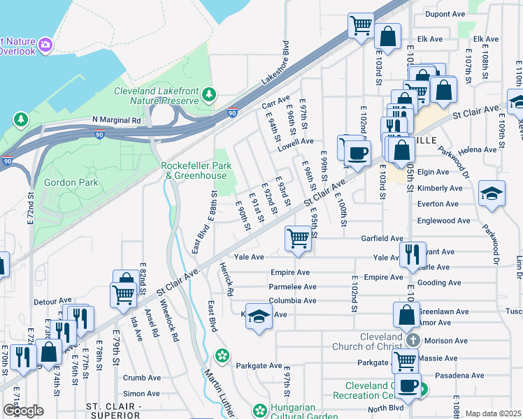 map of restaurants, bars, coffee shops, grocery stores, and more near 9111 Saint Clair Avenue in Cleveland