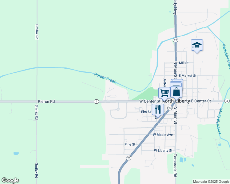 map of restaurants, bars, coffee shops, grocery stores, and more near Rizek Drive in North Liberty