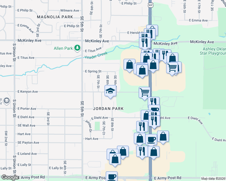 map of restaurants, bars, coffee shops, grocery stores, and more near 801 East Kenyon Avenue in Des Moines