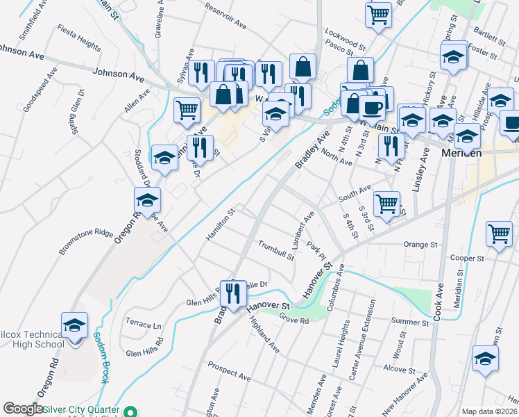 map of restaurants, bars, coffee shops, grocery stores, and more near 210 Bradley Avenue in Meriden