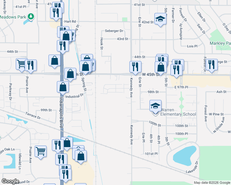 map of restaurants, bars, coffee shops, grocery stores, and more near 9816 Kennedy Ave in Highland