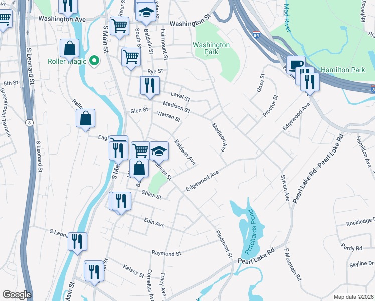 map of restaurants, bars, coffee shops, grocery stores, and more near 79 Baldwin Avenue in Waterbury