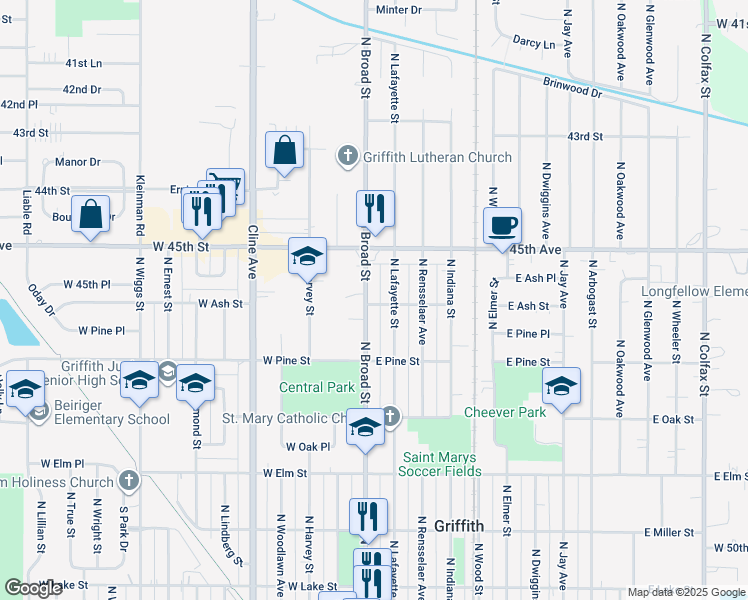 map of restaurants, bars, coffee shops, grocery stores, and more near 803 North Broad Street in Griffith