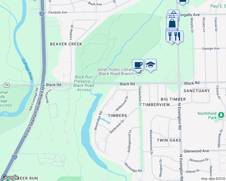 map of restaurants, bars, coffee shops, grocery stores, and more near 712 Westridge Road in Joliet