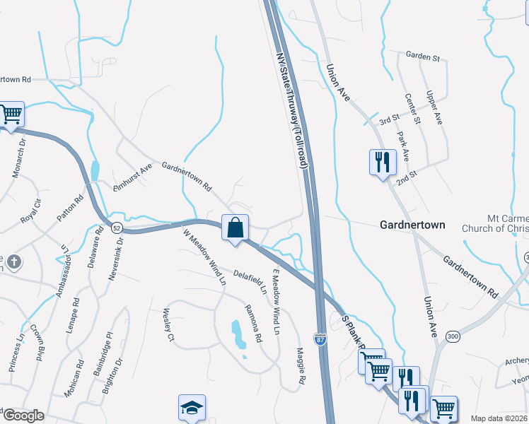 map of restaurants, bars, coffee shops, grocery stores, and more near 612 Gardnertown Road in Newburgh