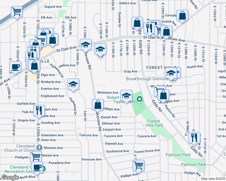 map of restaurants, bars, coffee shops, grocery stores, and more near 11509 Whitmore Avenue in Cleveland