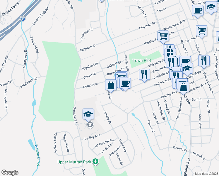 map of restaurants, bars, coffee shops, grocery stores, and more near 186 Wesley Street in Waterbury