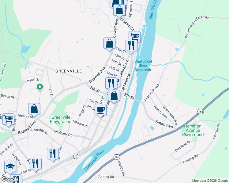 map of restaurants, bars, coffee shops, grocery stores, and more near 261 Central Avenue in Norwich