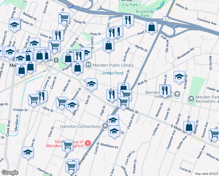 map of restaurants, bars, coffee shops, grocery stores, and more near 36 Center Street in Meriden