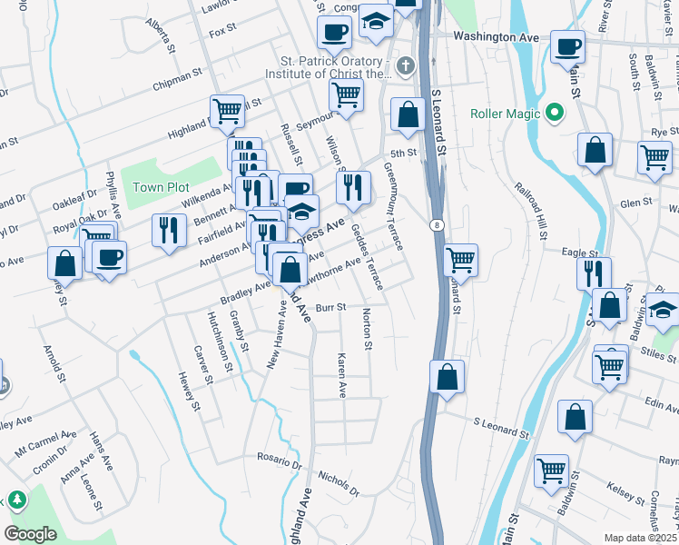 map of restaurants, bars, coffee shops, grocery stores, and more near 79 Ross Street in Waterbury
