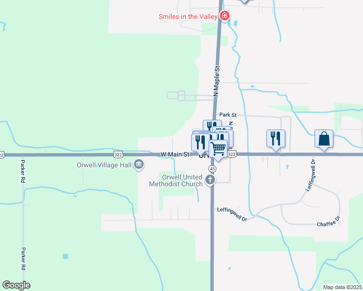 map of restaurants, bars, coffee shops, grocery stores, and more near 87 East Main Street in Orwell