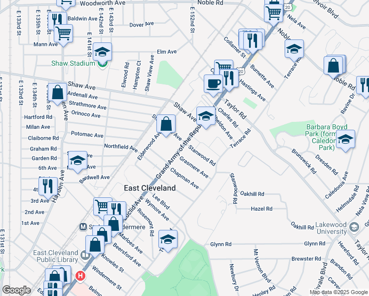 map of restaurants, bars, coffee shops, grocery stores, and more near 1823 Grasmere Avenue in East Cleveland