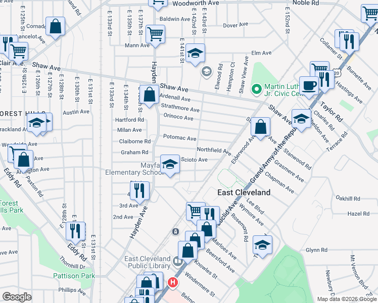 map of restaurants, bars, coffee shops, grocery stores, and more near 14208 Scioto Avenue in East Cleveland